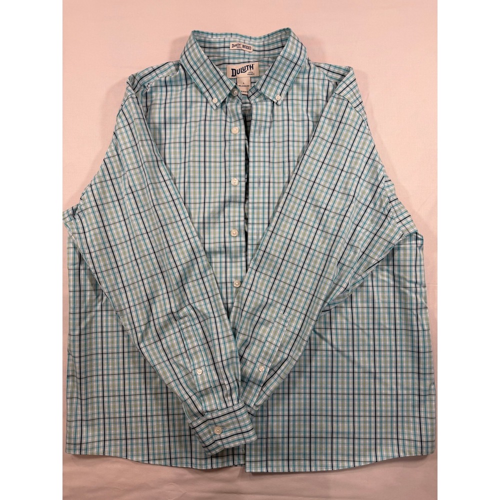 Duluth Trading Co Untucked Relaxed Fit Plaid Button Down Shirt Mens Large L Teal